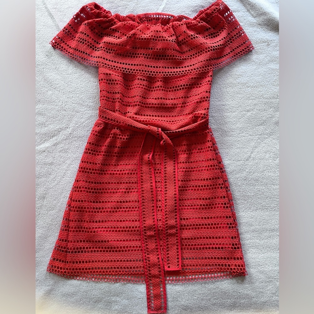 WITCHERY Red Lace Off The Shoulder Dress Tie Belt Size 10 - Picture 1 of 5